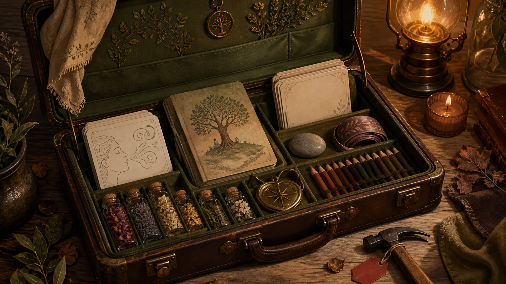 Mallette illustrée remplie de cartes, histoires et outils symboliques
